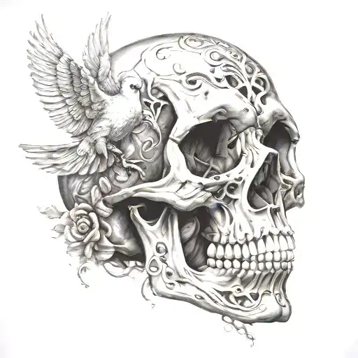 dove morphing into a human skull black and grey tattoo design idea