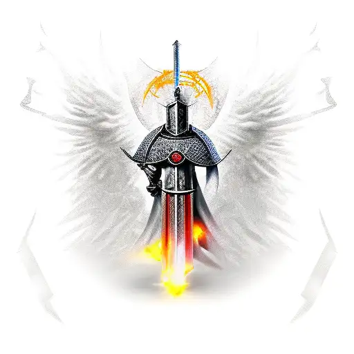 Templar knight standing over defeated demons tattoo design idea