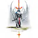 Templar knight standing over defeated demons tattoo design idea