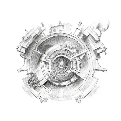 A sketch style tattoo featuring a detailed drawing of a car engine with geometric shapes tattoo design idea