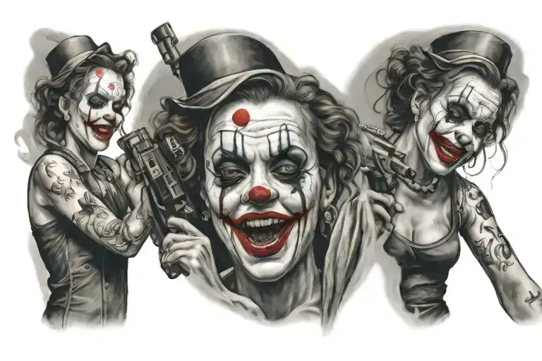 A haunting realism tattoo of a woman clown with a tearful expression, holding a gun and surrounded by symbols of pain and suffering tattoo design idea