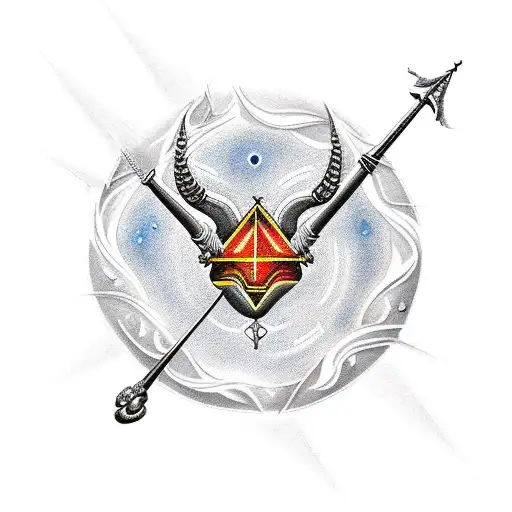 A traditional style tattoo of Sagittarius and Aries symbols surrounded by flames tattoo design idea