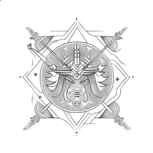 A traditional style tattoo of Sagittarius and Aries symbols surrounded by flames tattoo design idea