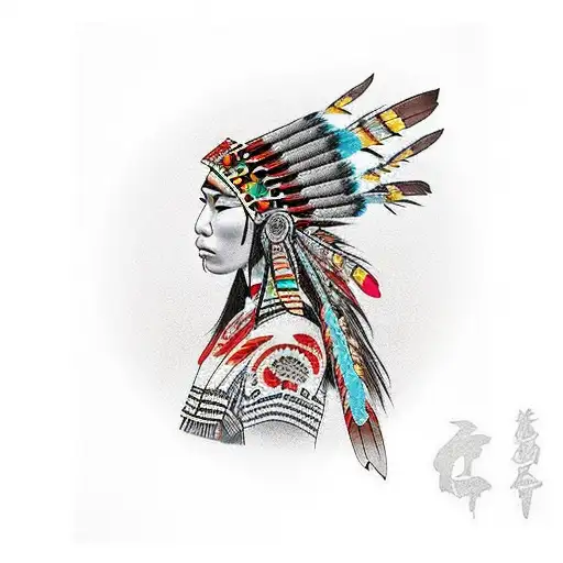 native american girl with headress tattoo design idea