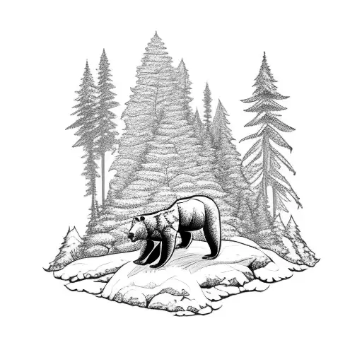 snow covered mountain back drop with juniper tree in front with bear in landscape tattoo design idea