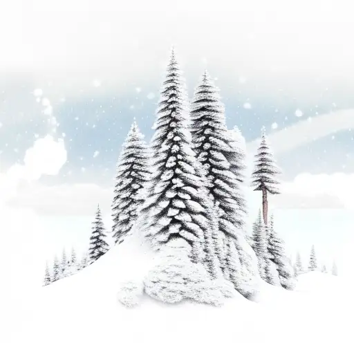 quarter sleeve snow covered mountain back drop with juniper tree in front with bear in landscape tattoo design idea