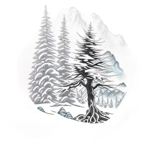 quarter sleeve snow covered mountain back drop with juniper tree in front with bear in landscape tattoo design idea