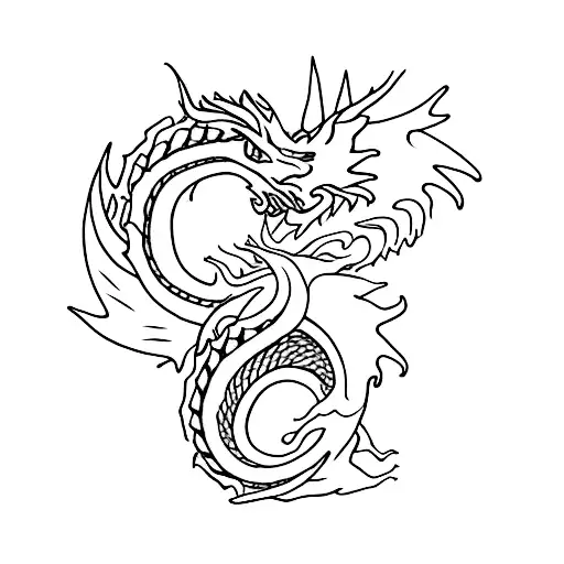 dragon and nine tailed fox with red string around them tattoo design idea