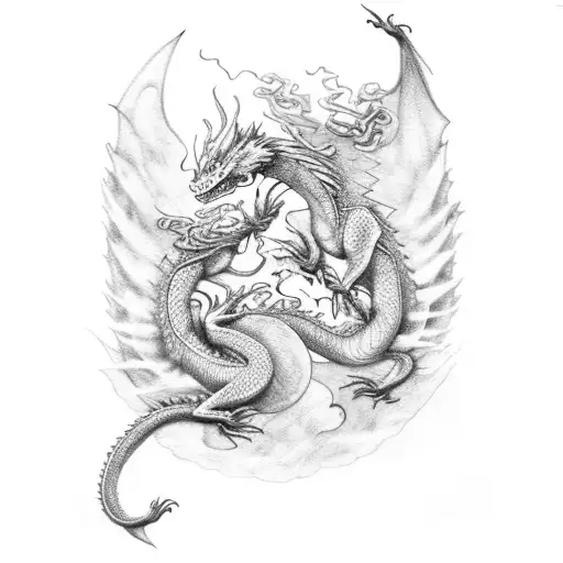 dragon and nine tailed fox dancing around each other with a red string wrapped around them  tattoo design idea