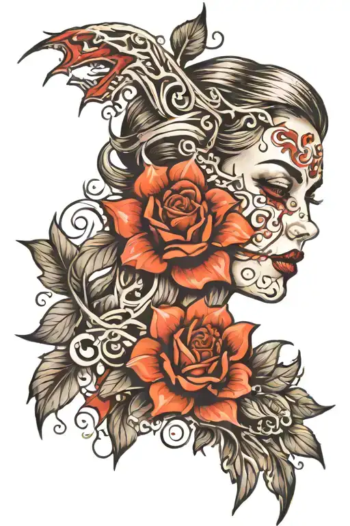 Tattoo on the knee, Female jaw, blood from the mouth tattoo design idea