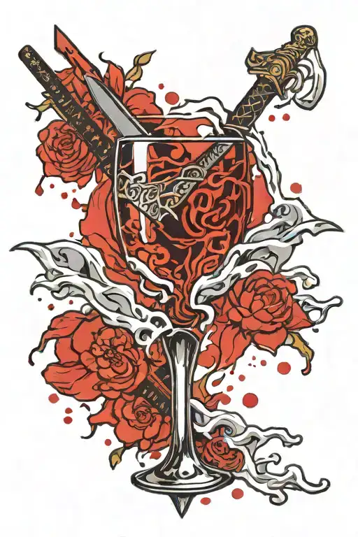 sword dripping blood into wine glass shards tattoo design idea