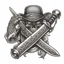 sword piercing bottle wearing a bandana tattoo design idea