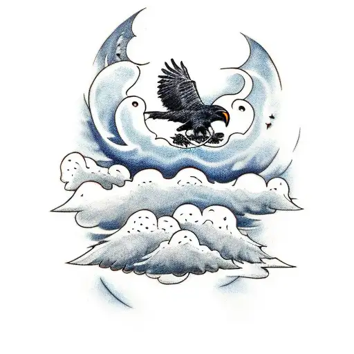 A traditional style tattoo of Odin's ravens, Huginn and Muninn, flying through a stormy sky filled with crows, symbolizing his connection to the darkness and the unknown, in a dark blue color palette tattoo design idea