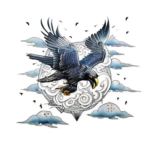 A traditional style tattoo of Odin's ravens, Huginn and Muninn, flying through a stormy sky filled with crows, symbolizing his connection to the darkness and the unknown, in a dark blue color palette tattoo design idea