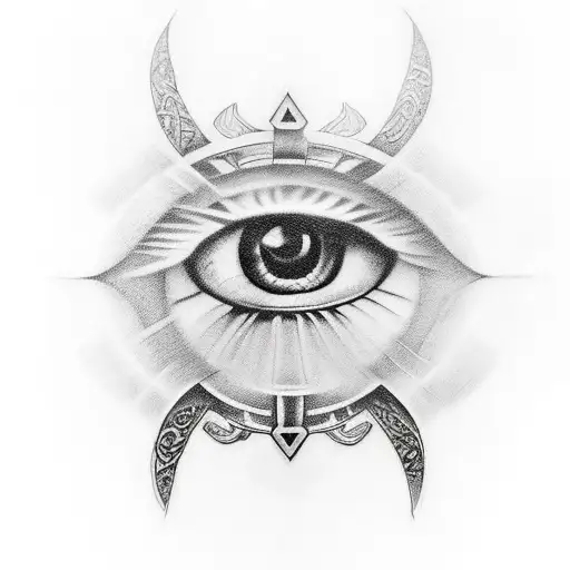 A realism style tattoo of Odin's eye, the symbol of his wisdom and knowledge, with crows perched on his brow, all rendered in intricate detail and shades of blue tattoo design idea