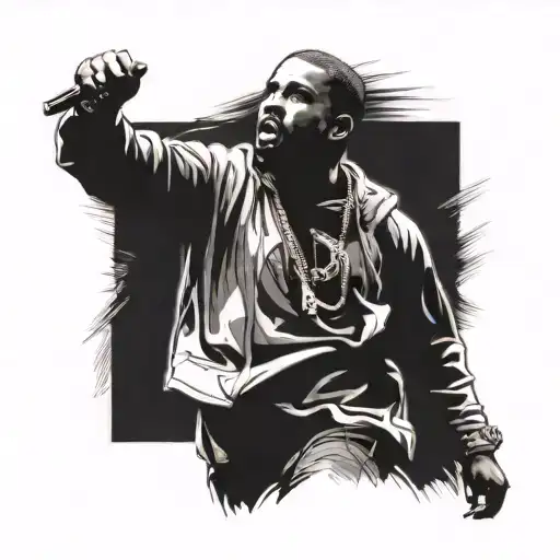 A detailed sketch of Kanye West performing on stage, with intricate shading and line work to capture the energy of a live concert tattoo design idea