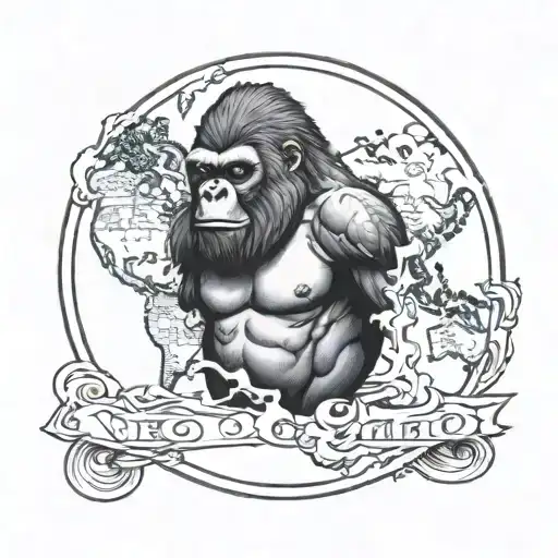 gorilla holding world with face everything and rise text tattoo design idea