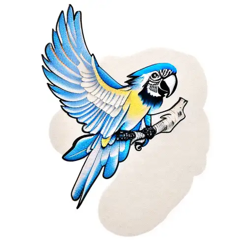 blue macaw on branch engraved Jason tattoo design idea