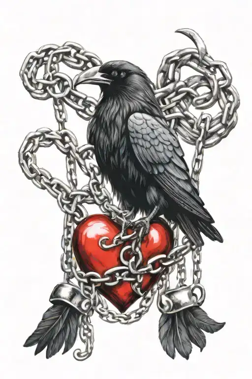 an adult large raven shrouded in chains holding a heart in its paws tattoo design idea