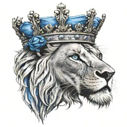 lion head with blue eyes and a crown on his head  tattoo design idea