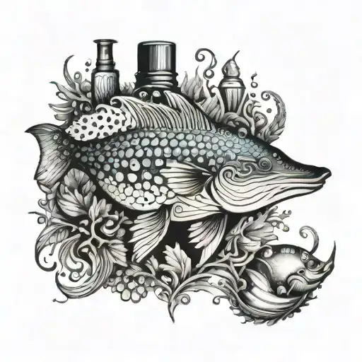 An intricate tattoo design merging sea creatures and nail polish bottles tattoo design idea