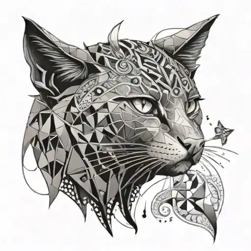A creative tattoo design combining elements of Greek mythology and history, with a cat depicted in a stylized, geometric style tattoo design idea