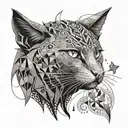 A creative tattoo design combining elements of Greek mythology and history, with a cat depicted in a stylized, geometric style tattoo design idea