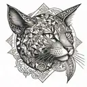 A creative tattoo design combining elements of Greek mythology and history, with a cat depicted in a stylized, geometric style tattoo design idea