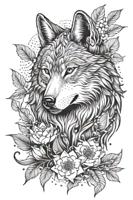A traditional style tattoo of a majestic wolf surrounded by lotus flowers and feathers, symbolizing strength and grace tattoo design idea