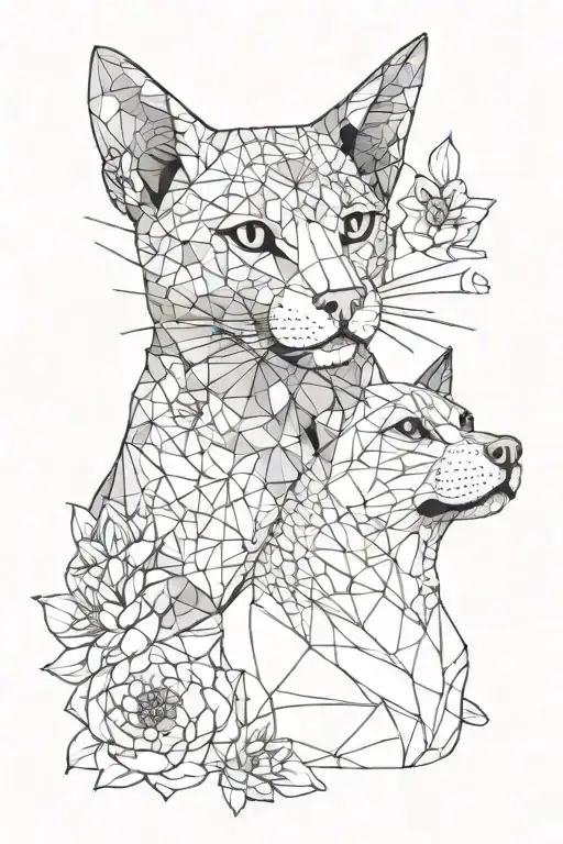 A realistic portrait of a cat and dog intertwined with lotus flowers and paw prints tattoo design idea