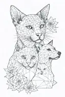 A realistic portrait of a cat and dog intertwined with lotus flowers and paw prints tattoo design idea