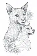 A realistic portrait of a cat and dog intertwined with lotus flowers and paw prints tattoo design idea
