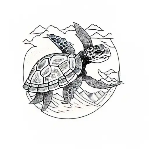 turtle, tree, mountain, maya tattoo design idea