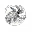 turtle, tree, mountain, maya tattoo design idea