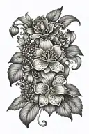 hip tattoo with marigold flowers, lily of the valley flowers, carnation flowers, and holly flowers  tattoo design idea
