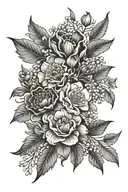 hip tattoo with marigold flowers, lily of the valley flowers, carnation flowers, and holly flowers  tattoo design idea