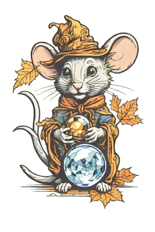 An intricate design of a cute mouse holding a crystal ball surrounded by autumn leaves tattoo design idea