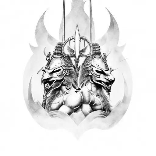 A tattoo design of two brothers as mythical warriors, each wielding their favorite objects as weapons, in a bold and dynamic black-grey style tattoo design idea