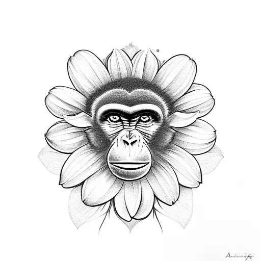 monkey with a daisy tattoo design idea