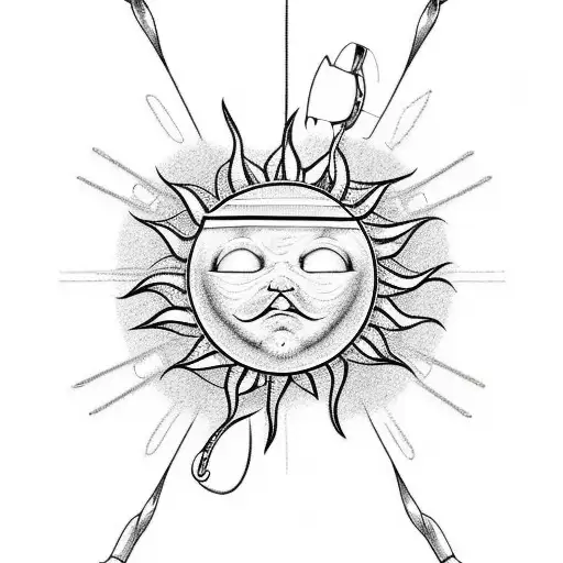 A minimalist representation of a fishing hook and line forming the shape of a heart, with the sun setting behind it tattoo design idea