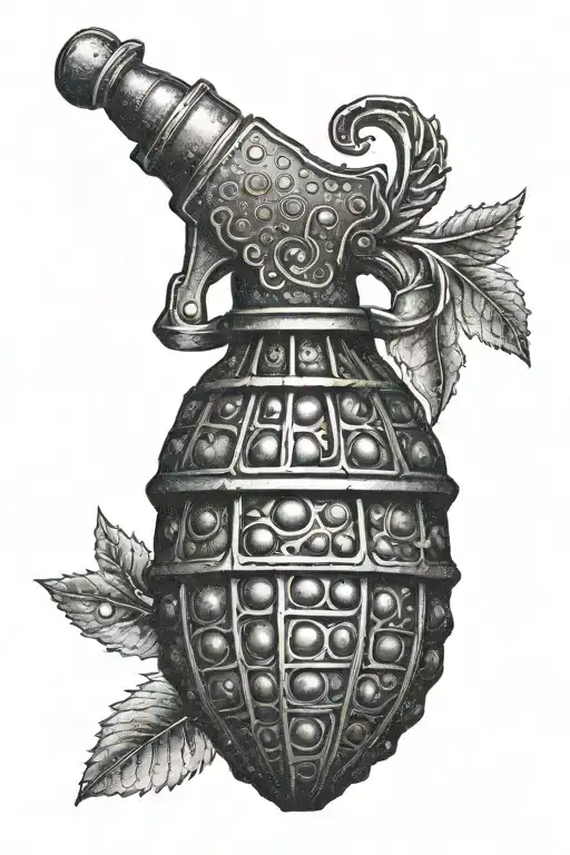 A dotwork tattoo of a stylized grenade with the country outlines of Iraq, Afghanistan, and Ukraine forming the pin tattoo design idea