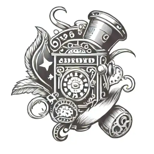 Create a sleeve tattoo featuring a slot machine reel spinning with various lucky symbols like pennies, a white feather, and a neon sign that says 'Jackpot', all in black-grey style tattoo design idea