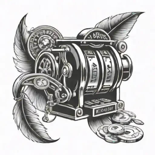 Create a sleeve tattoo featuring a slot machine reel spinning with various lucky symbols like pennies, a white feather, and a neon sign that says 'Jackpot', all in black-grey style tattoo design idea