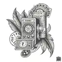 Create a sleeve tattoo featuring a slot machine reel spinning with various lucky symbols like pennies, a white feather, and a neon sign that says 'Jackpot', all in black-grey style tattoo design idea