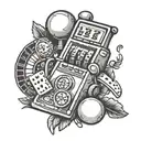 Create a sleeve tattoo featuring a slot machine reel spinning with various lucky symbols like pennies, a white feather, and a neon sign that says 'Jackpot', all in black-grey style tattoo design idea