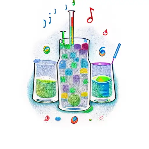 A realistic tattoo of a chemist mixing colorful liquids in a laboratory beaker, with music notes swirling around the scene. tattoo design idea