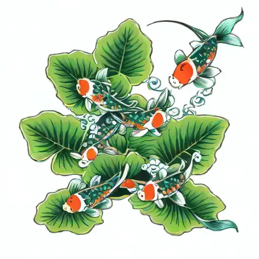 multiple bright green lily pad sleeve with koi fish  tattoo design idea