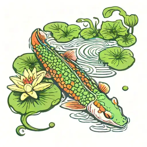 bright green lily pad with koi fish  tattoo design idea