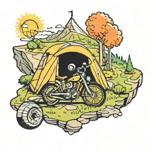 A new-school design of a tent pitched on a cliff edge overlooking a vast valley, with a street bike parked nearby and the Tuba River winding through the landscape tattoo design idea