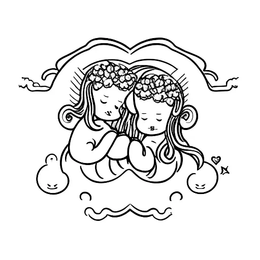 2 angels resting on a cloud, one angel is kissing the other on the cheek tattoo design idea